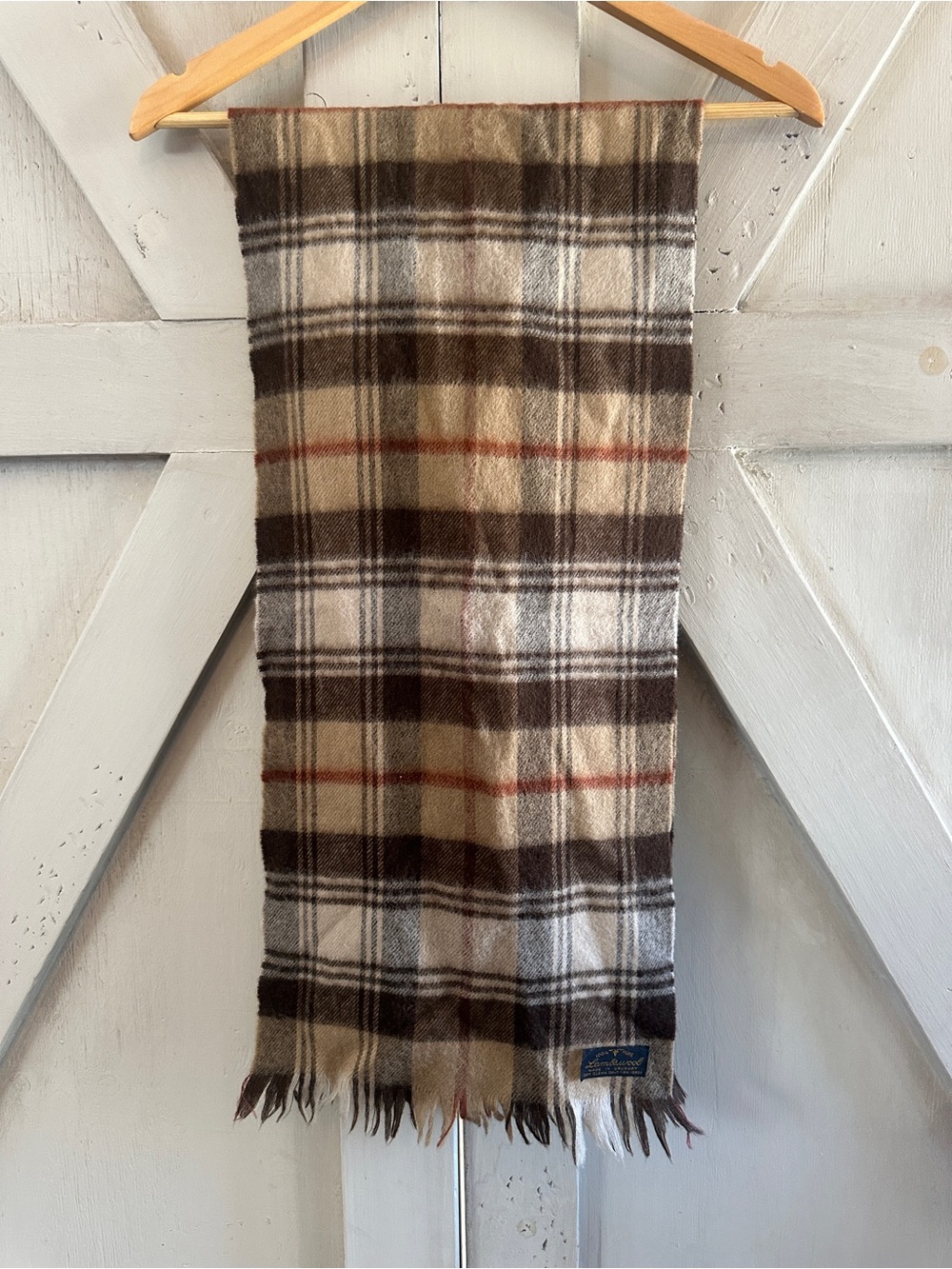 Lambswool Plaid Scarf Brown Beige Cream Fringe 100% Pure Wool Made in Uruguay